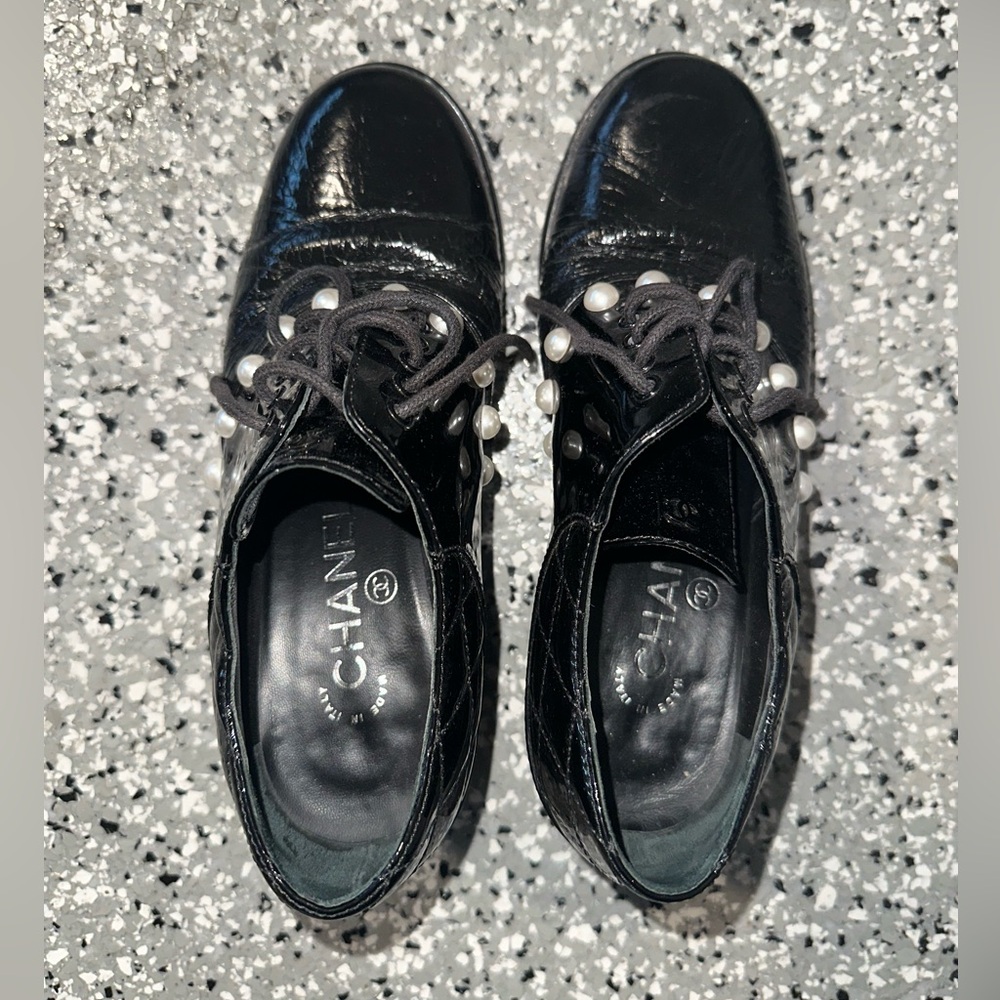 Chanel Black Patent Leather Faux-Pearl Oxfords